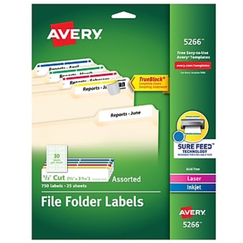 Avery TrueBlock Laser/Inkjet File Folder Labels,Assorted Colors, 750 Labels/Pack